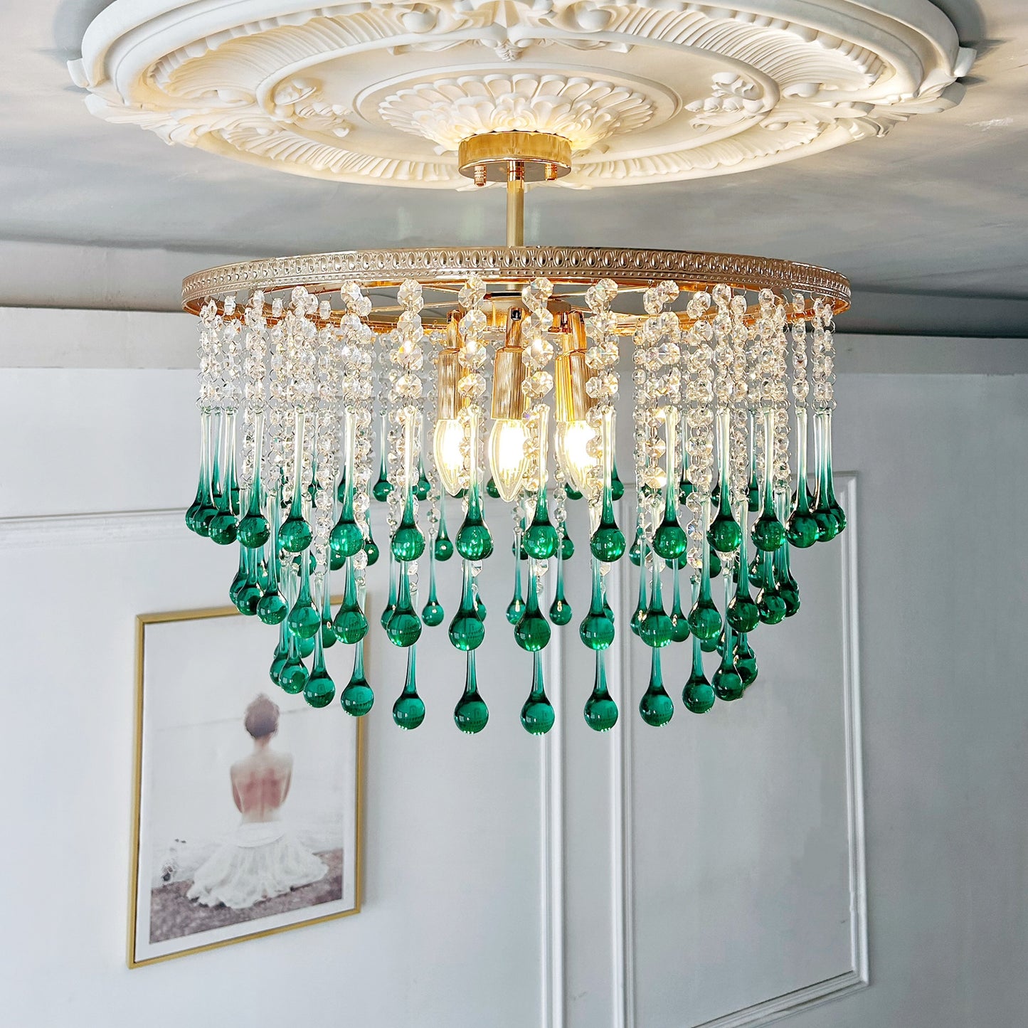 Large coastal glass chandelier luxury - 6-light turquoise grand foyer lighting 21.6 inch handcrafted