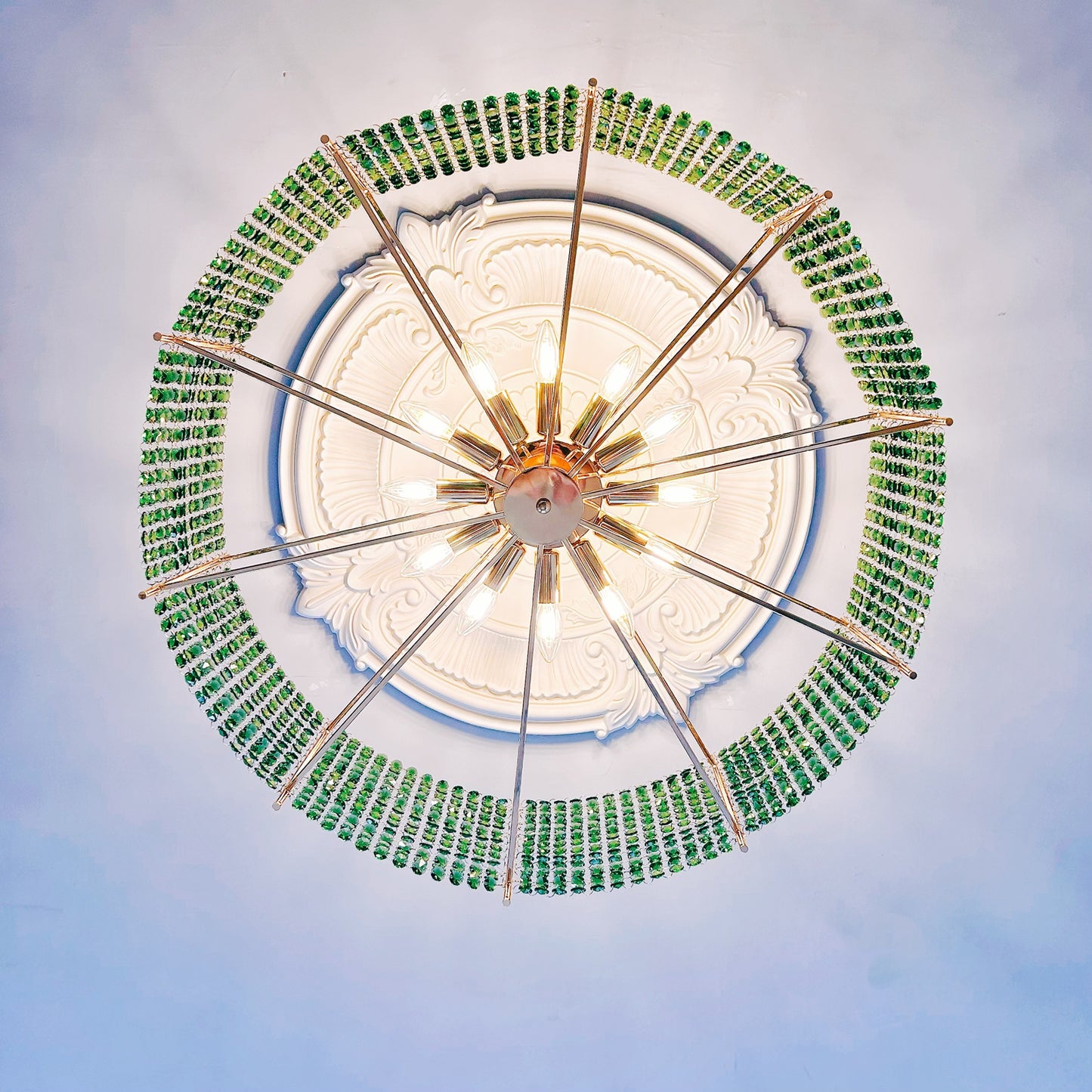 Ceiling light fixture with green gemstone accents