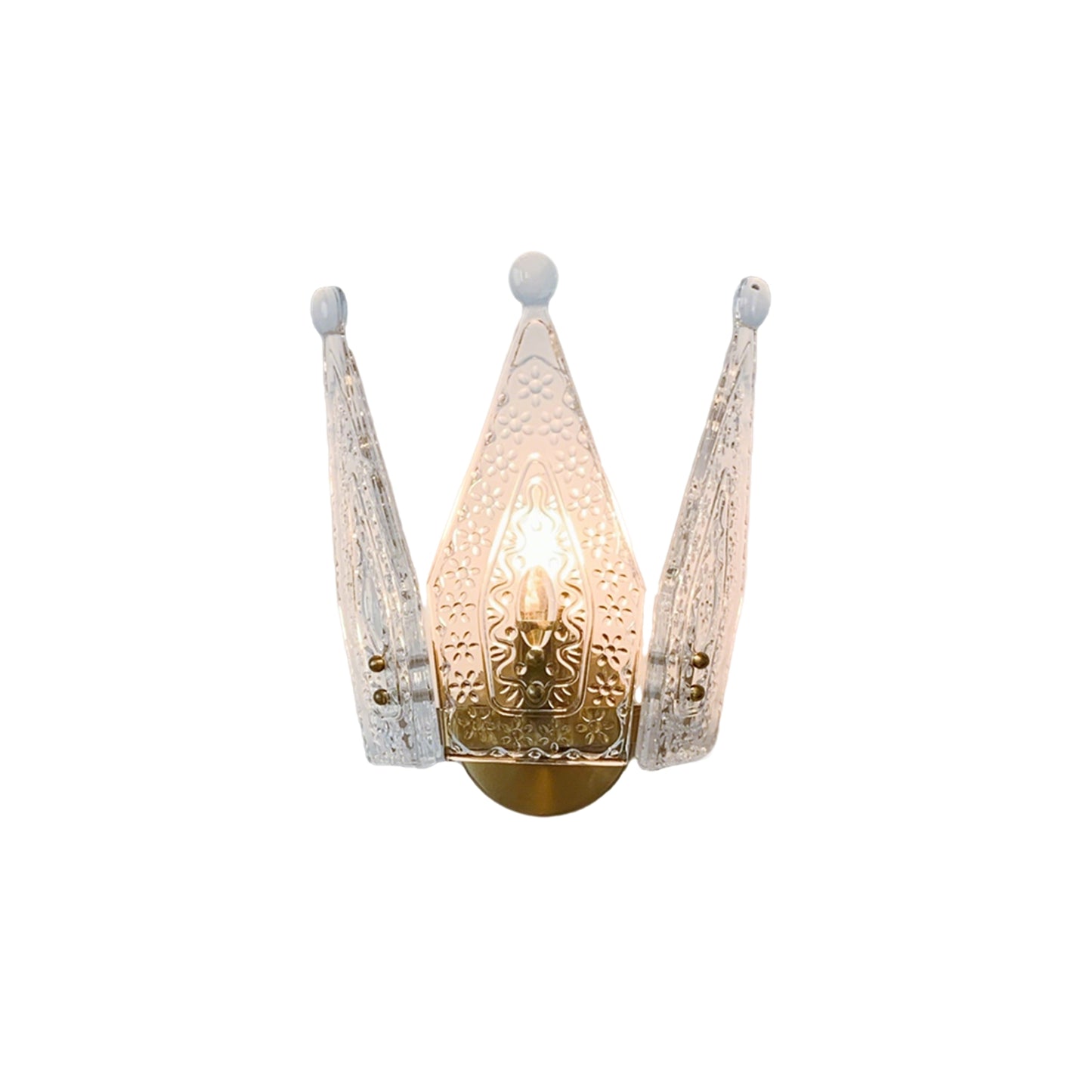Brass and glass crown wall sconce installation view - Art Deco luxury lighting for entryway