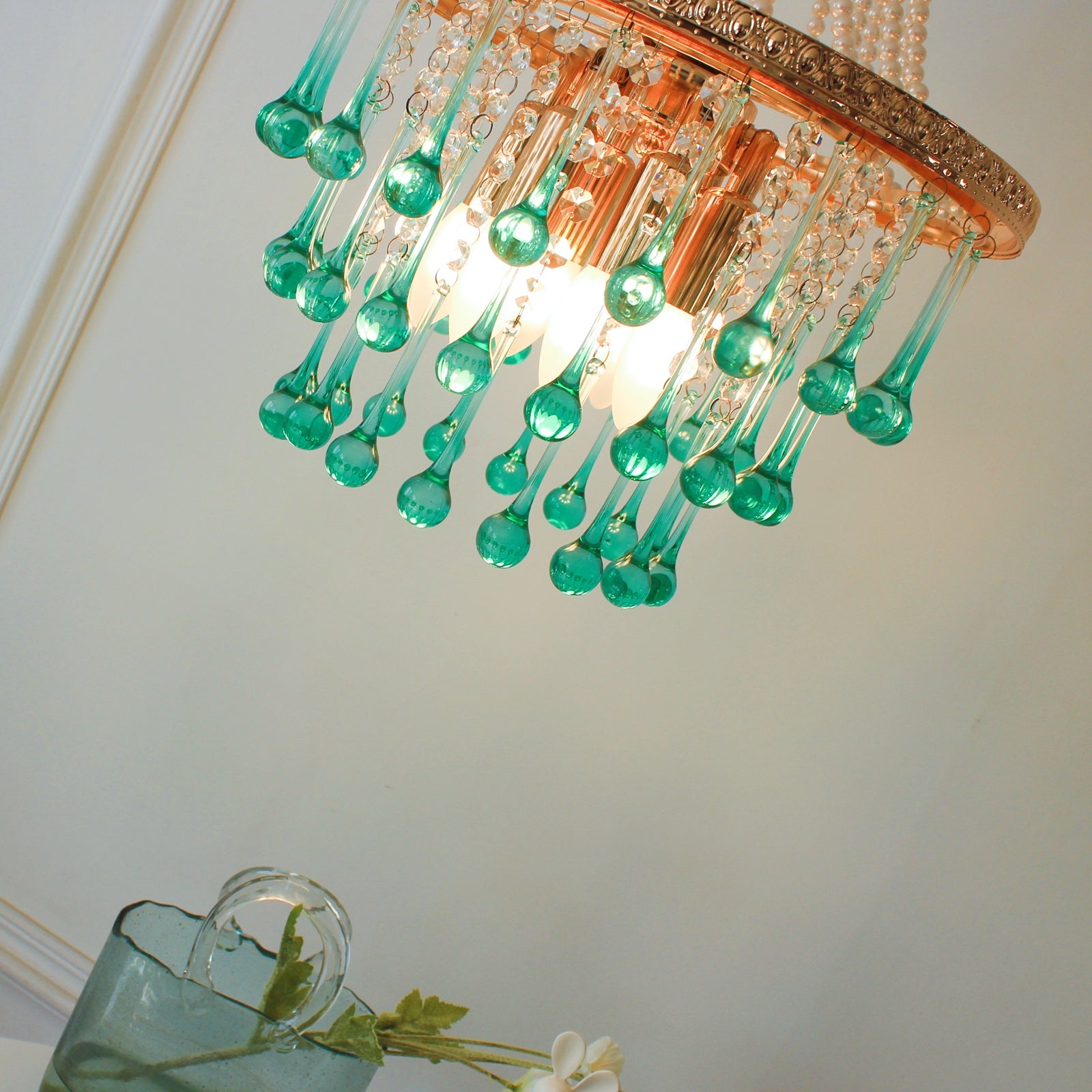 Ocean themed living room chandelier - handcrafted turquoise glass 6-light fixture for bedroom