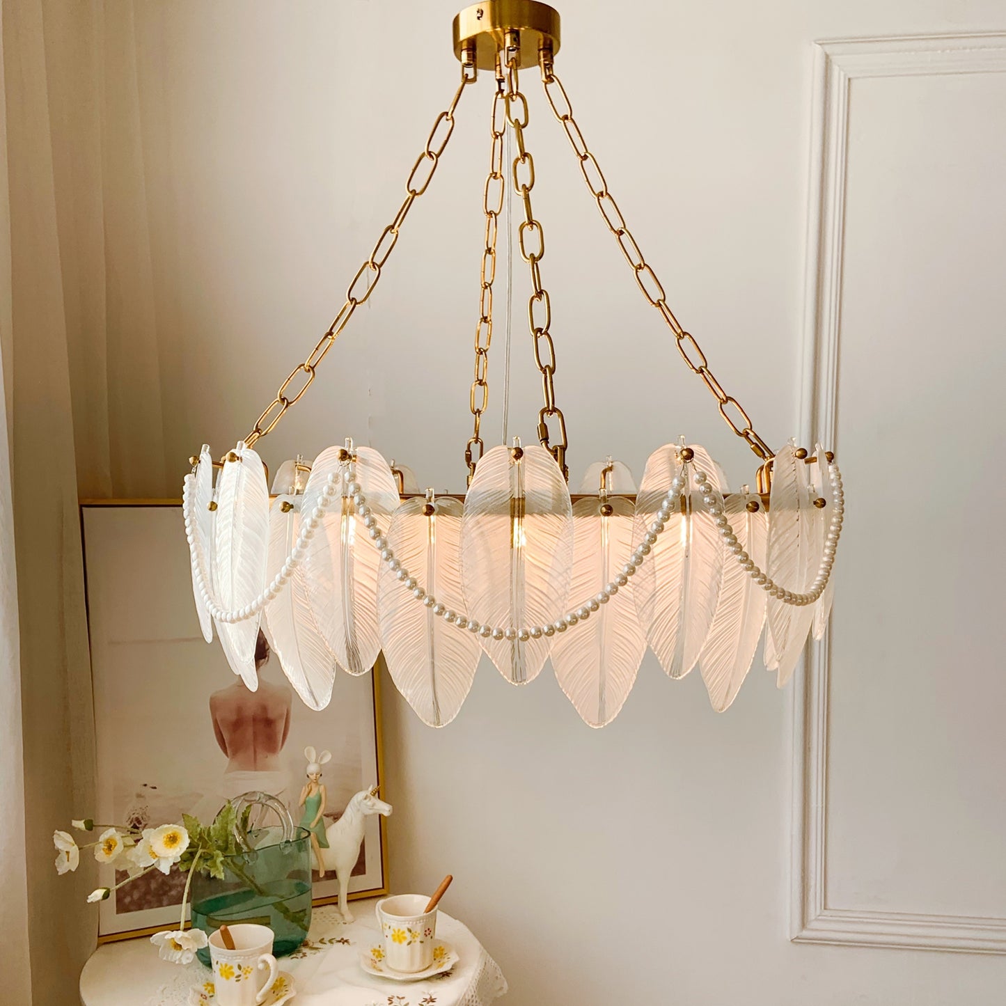 Glass Feather Chandelier 8-Light - Coastal Luxury Pendant with Pearl Swags & Brass Finish