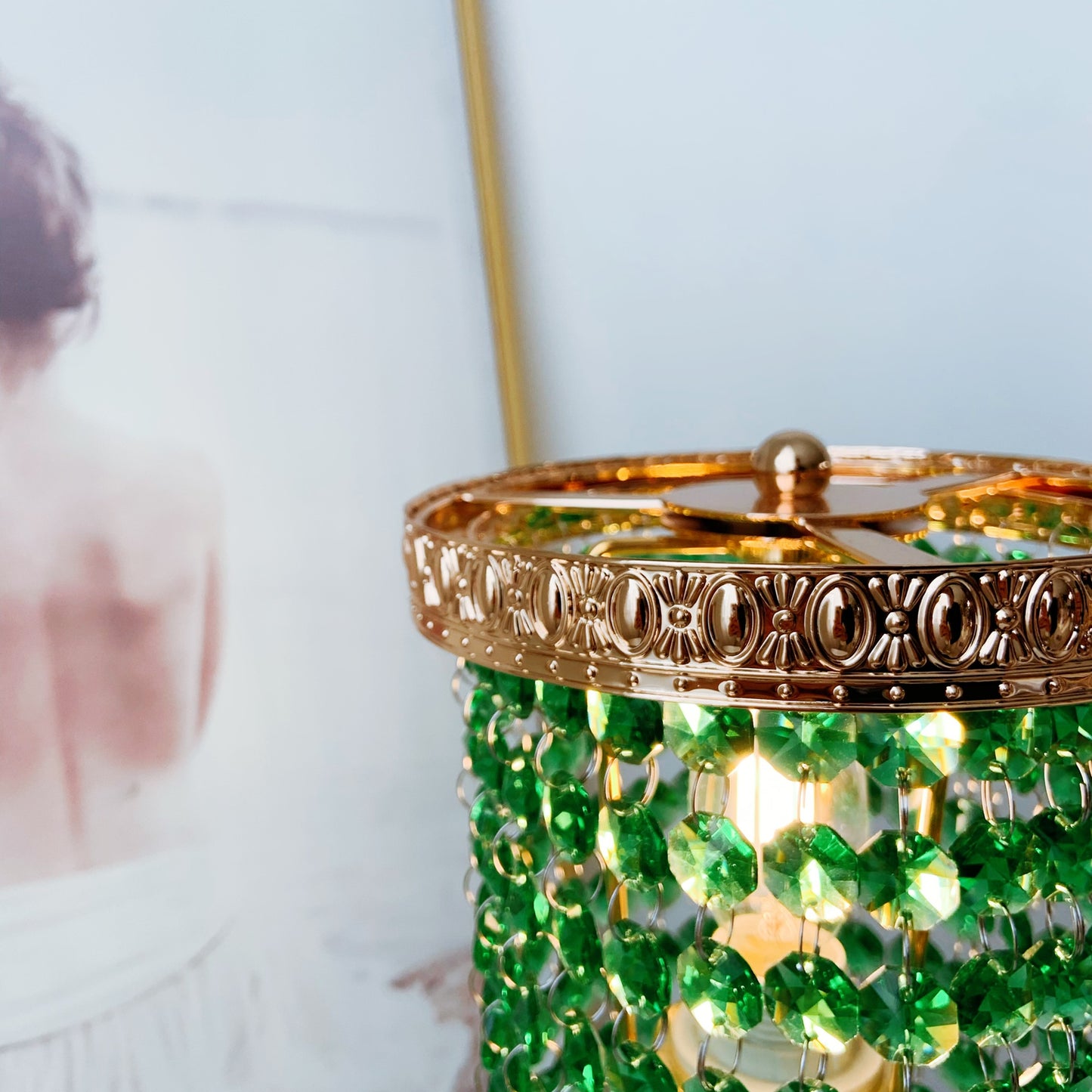 Decorative lamp with green beads and gold accents