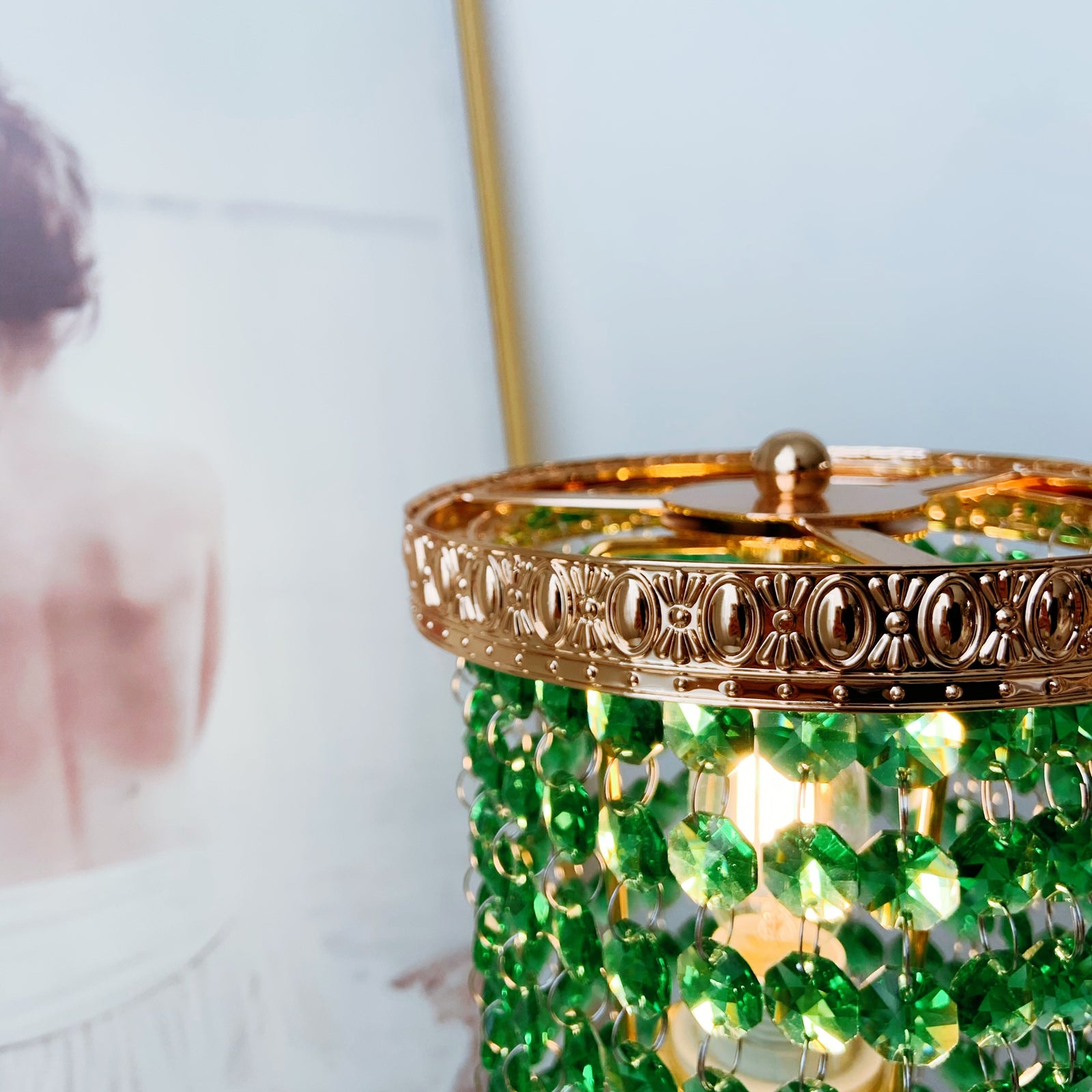 Decorative lamp with green beads and gold accents