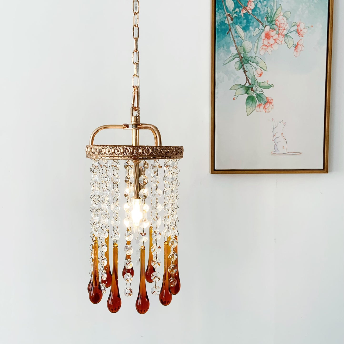 Small amber crystal pendant light - vintage Art Deco mini chandelier 5.9 inch French gold for kitchen island