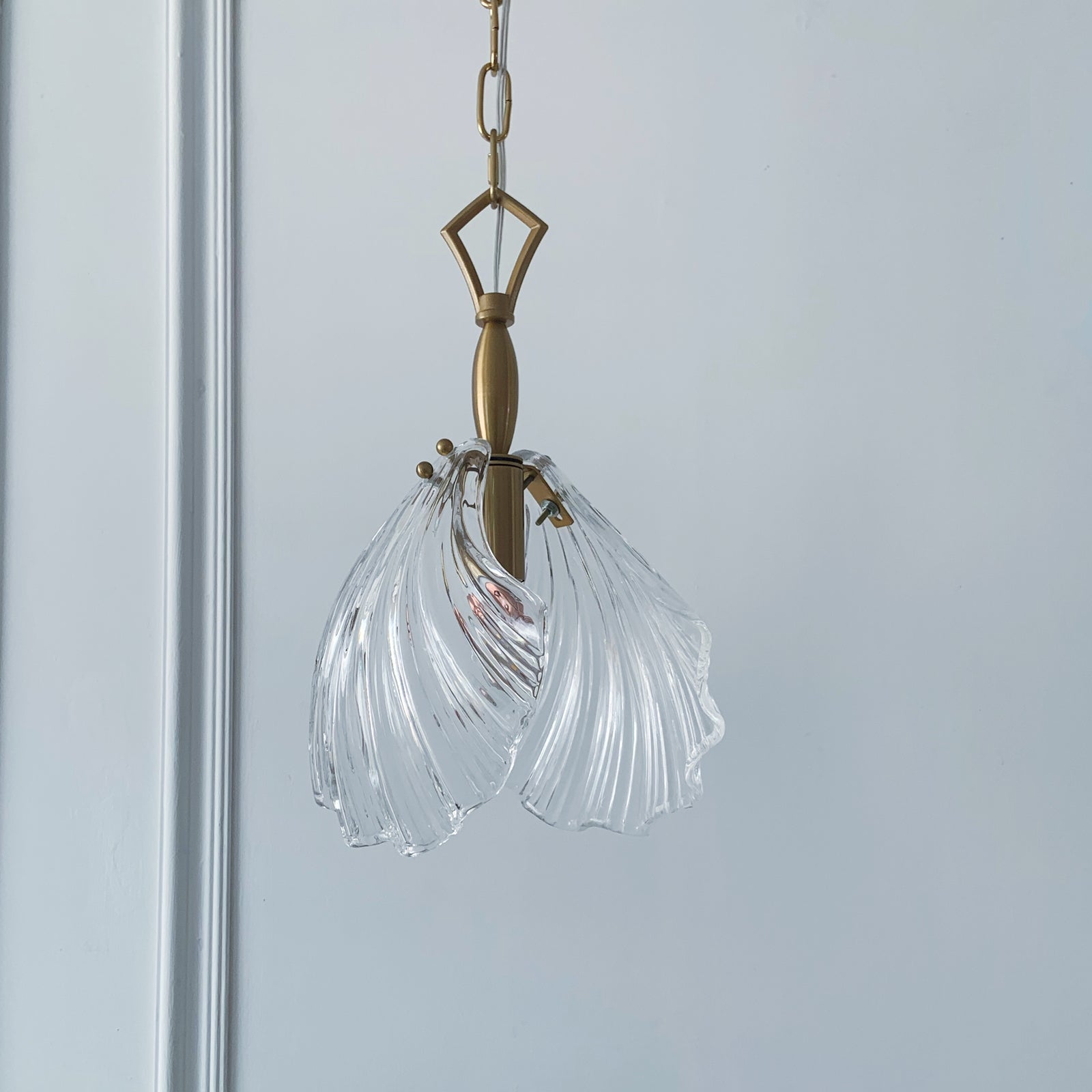 Transparent glass shell ceiling light - brass pendant fixture close-up