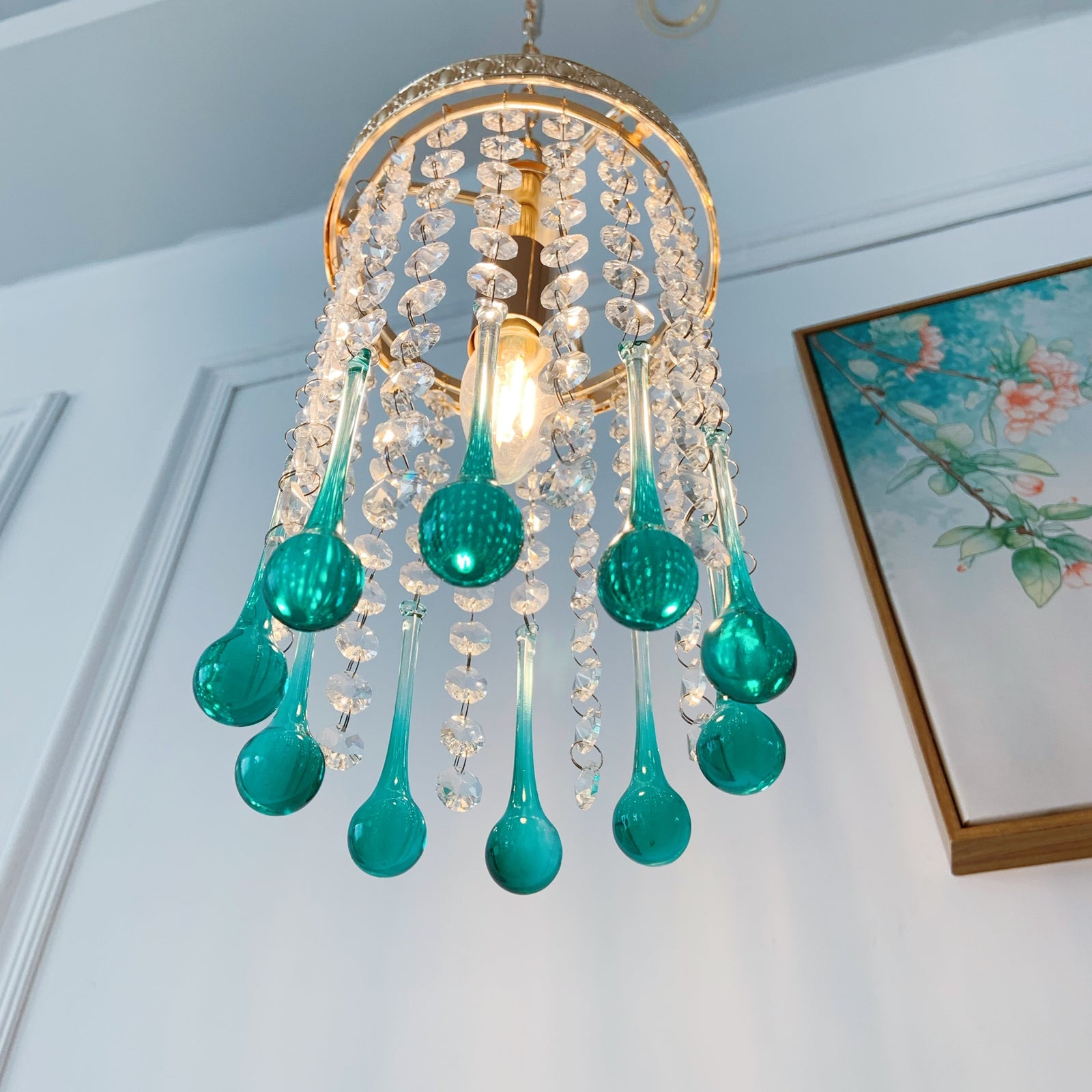 Turquoise crystal chandelier small - bohemian glass pendant light with French gold finish