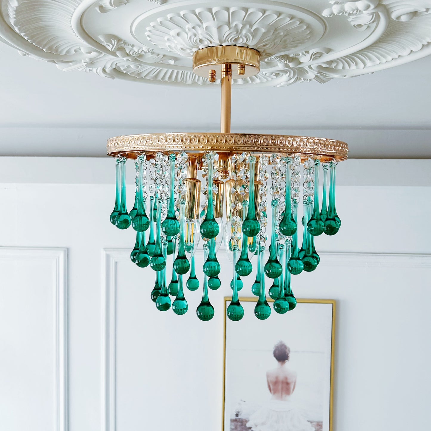 Turquoise crystal pendant chandelier 4-light - handcrafted coastal bedroom lighting 13.8 inch