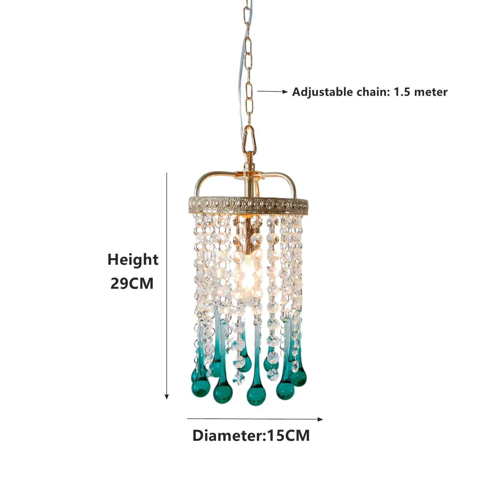 Luxury small chandelier for kitchen island - coastal turquoise glass pendant with adjustable chain