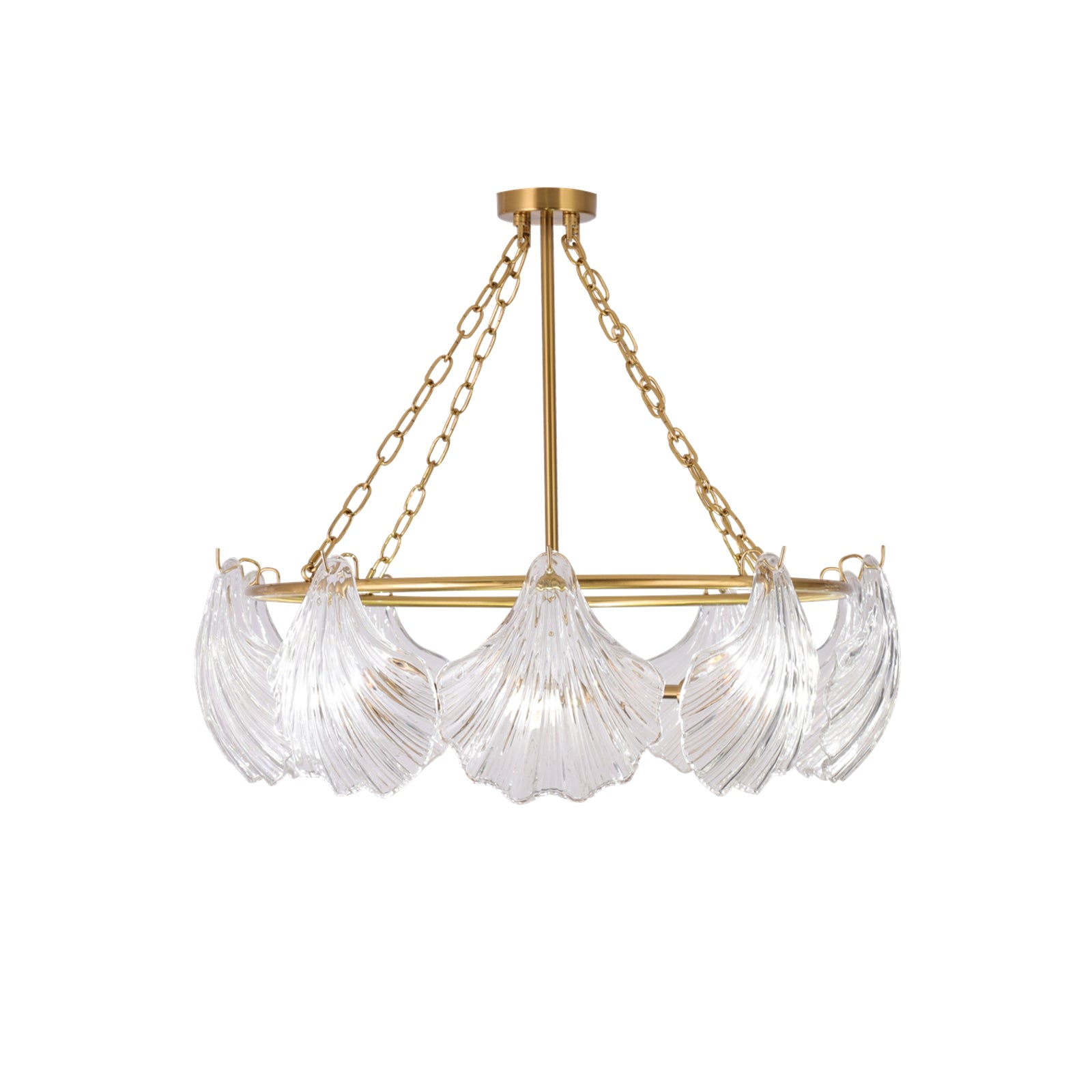 Chandelier with clear glass shades and gold metal frame