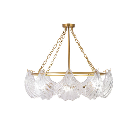 Chandelier with clear glass shades and gold metal frame
