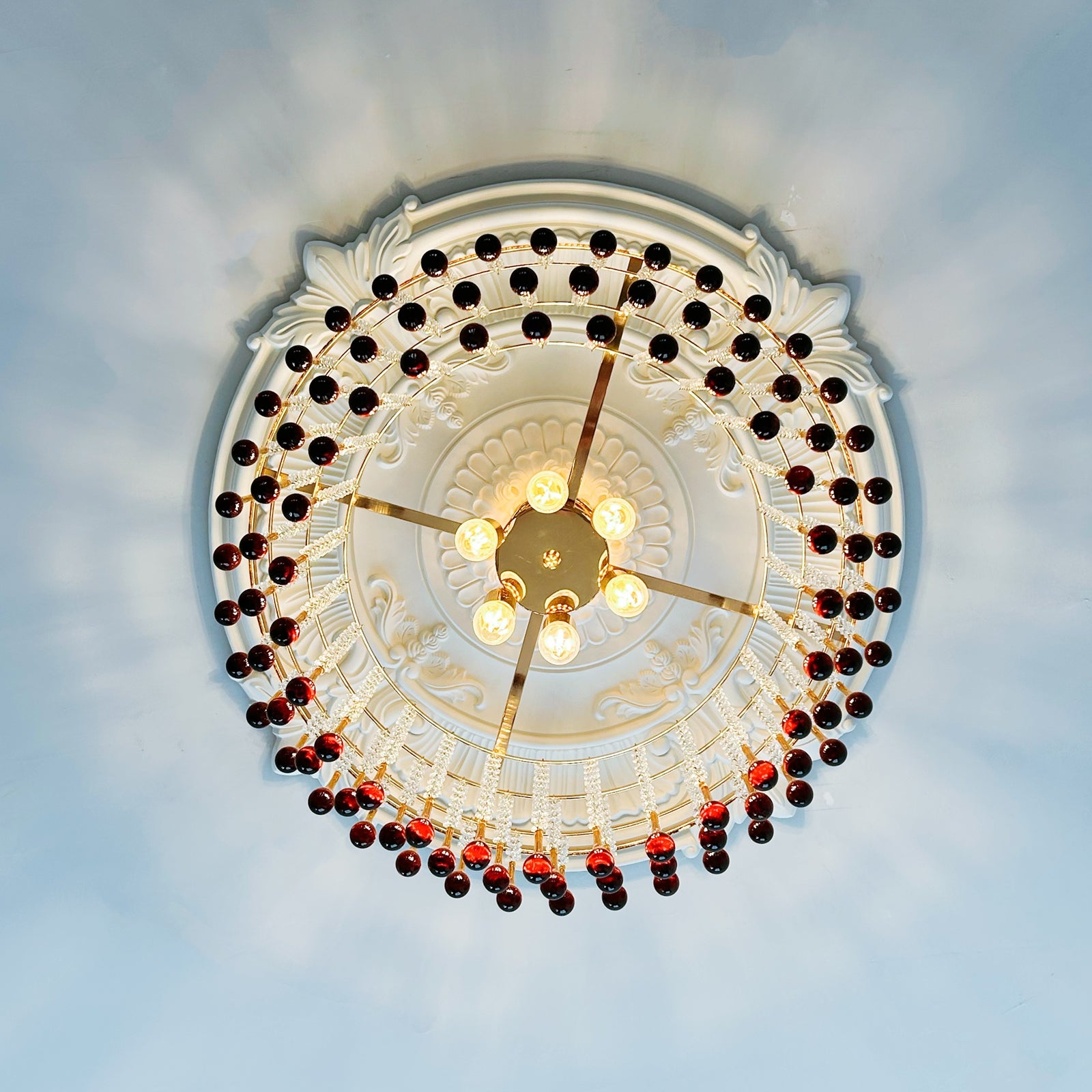 Vintage amber glass chandelier foyer - 6-light large statement lighting with French gold finish