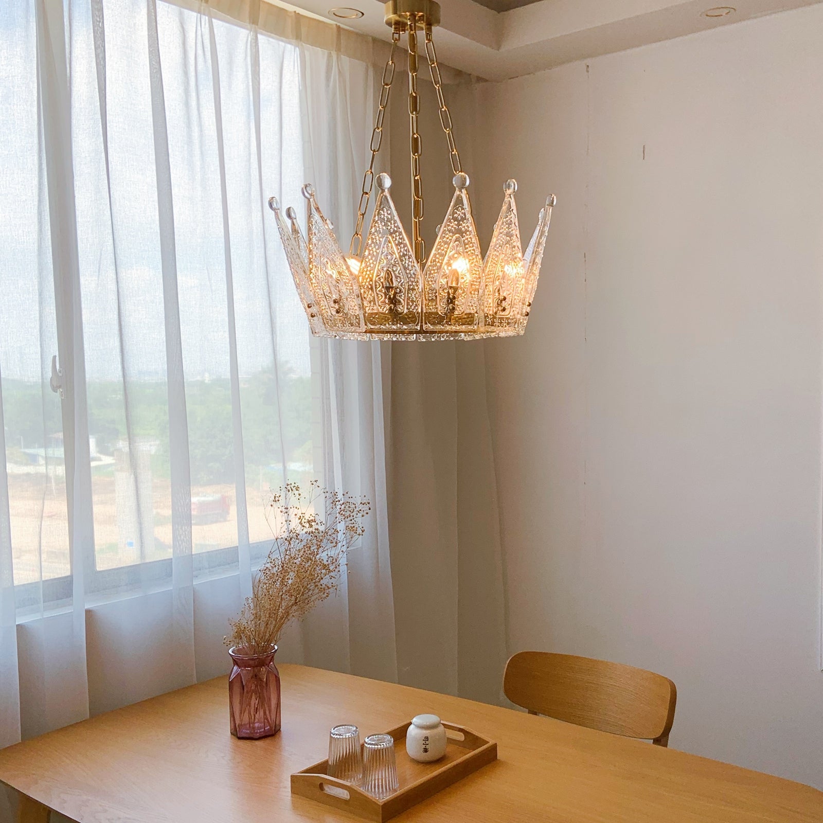 Vintage Brass Glass Chandelier 6-Light for Small Dining Room - Crown Design Gold Pendant 48cm Private Mold