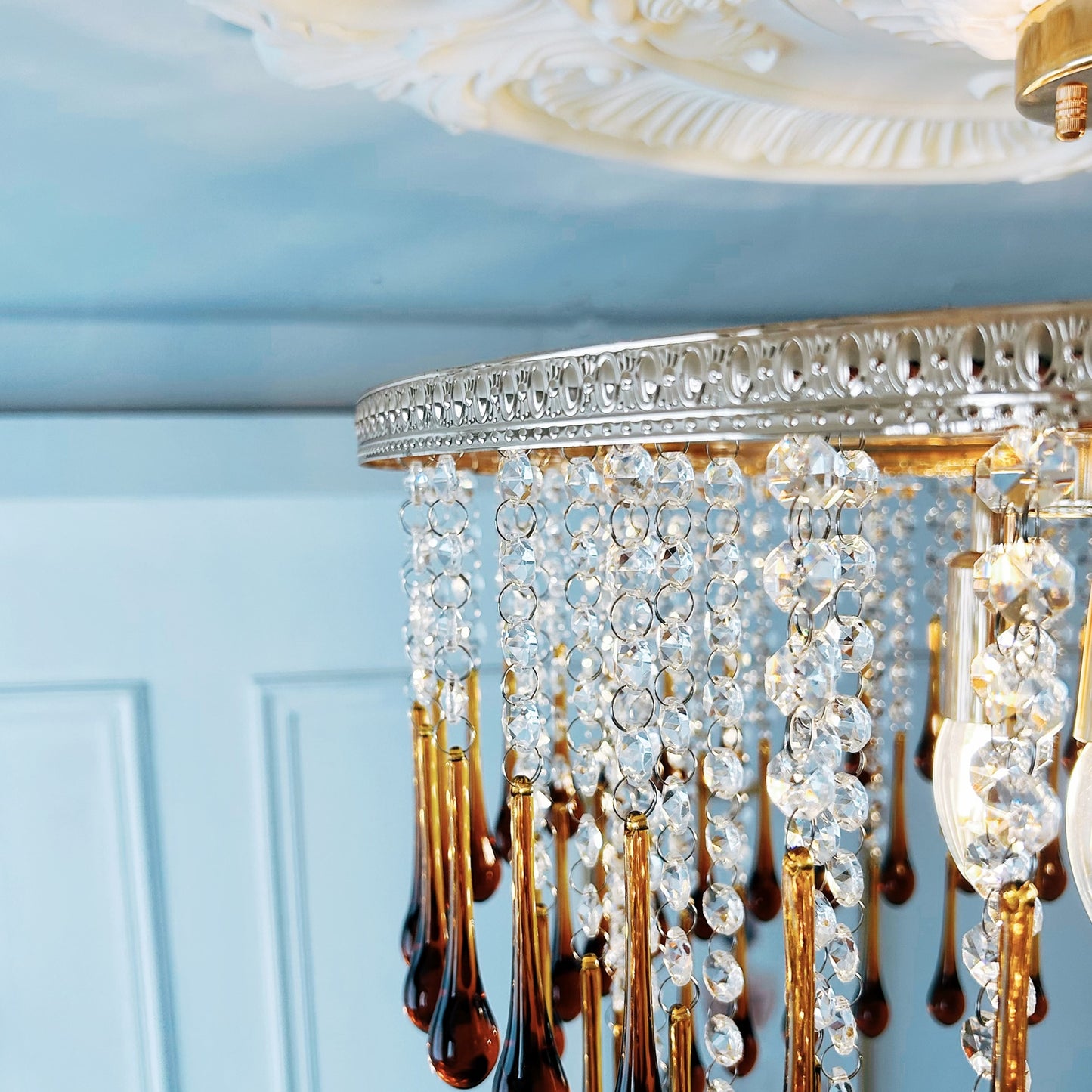 Vintage glam statement chandelier oversized - 6-light amber crystal grand foyer lighting 21.6 inch