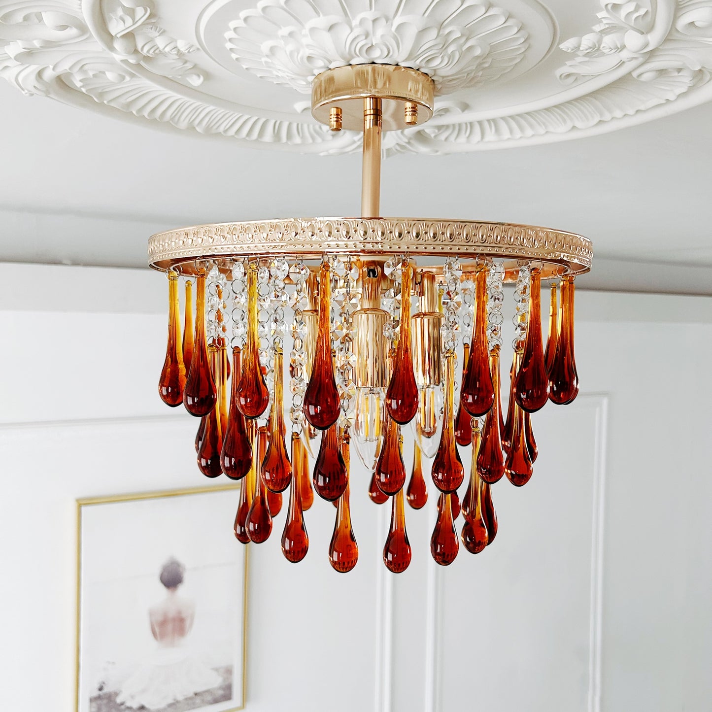 Vintage iron crystal chandelier bedroom - 4-light amber glass Art Deco lighting French gold finish